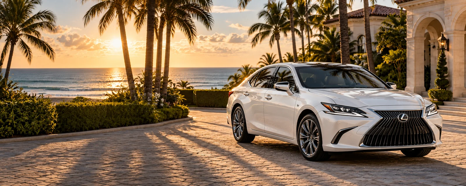 White Lexus sedan beside a palm-lined Palm Beach oceanfront driveway